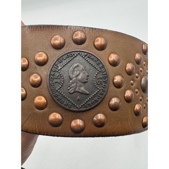 Vintage Leather Belt With Faux Coin and Studs Decor By Linea Pelle Boho Tan
